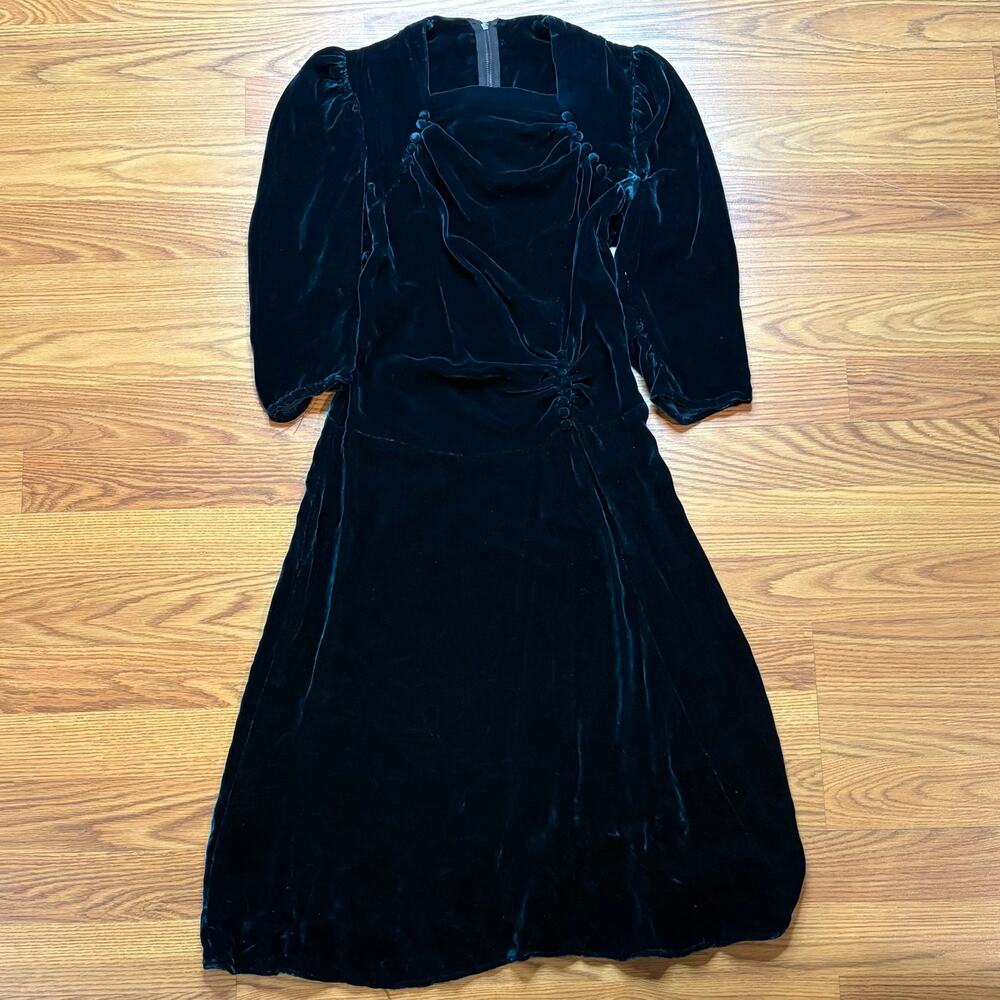 Vintage 1930s Dark Emerald Green Velvet Evening Dress Old Hollywood Art Deco XS
